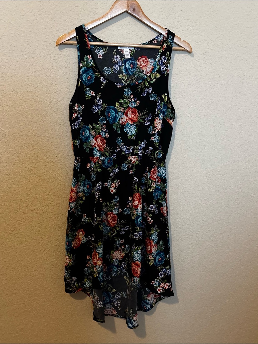 Ambiance Apparel Womens Hi-Low Hemline Black Floral Tank Dress Size Large